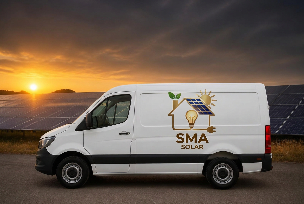 SMA Solars branded service van parked in front of a solar plant