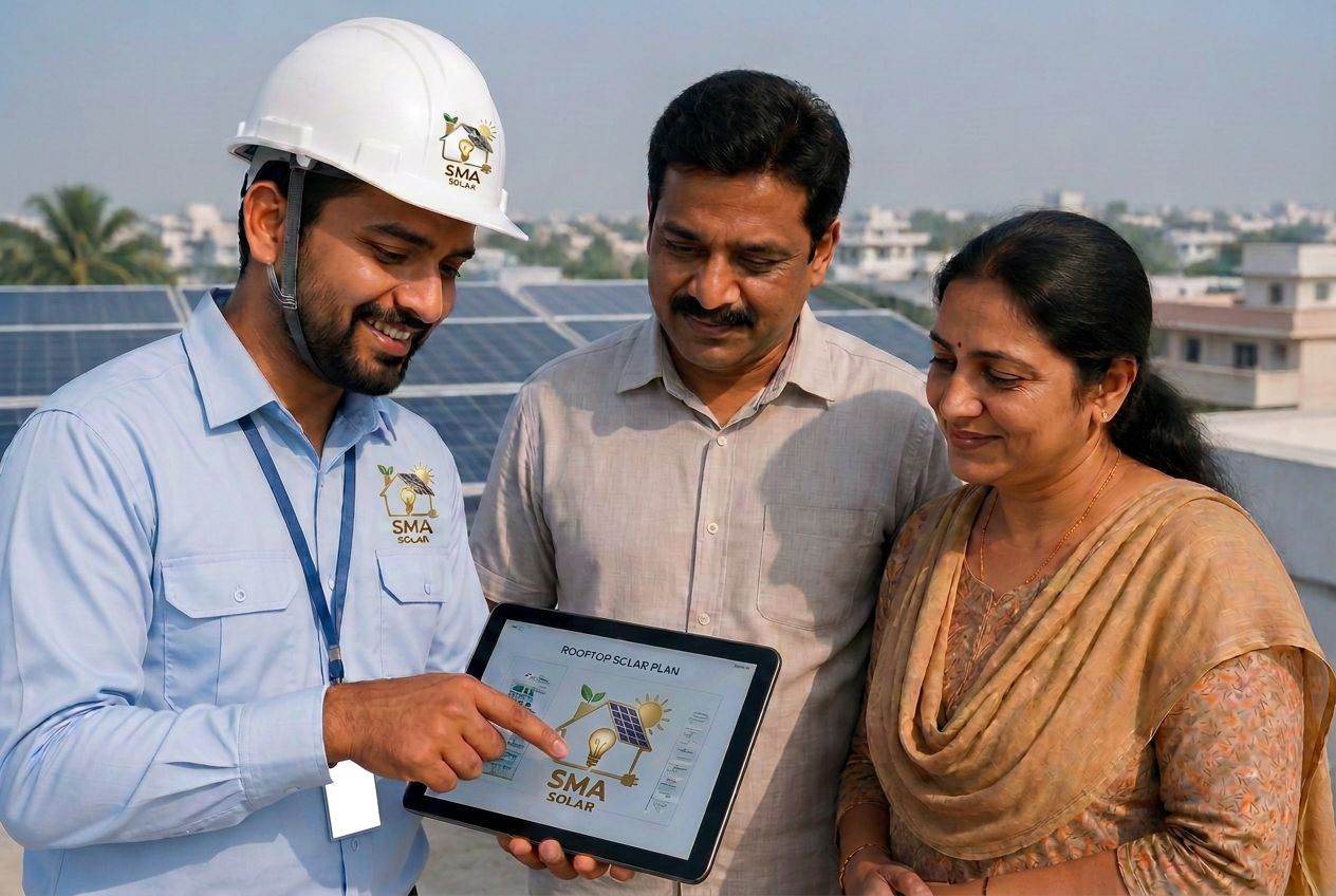 SMA Solars engineer explaining a rooftop solar plan to a homeowner couple